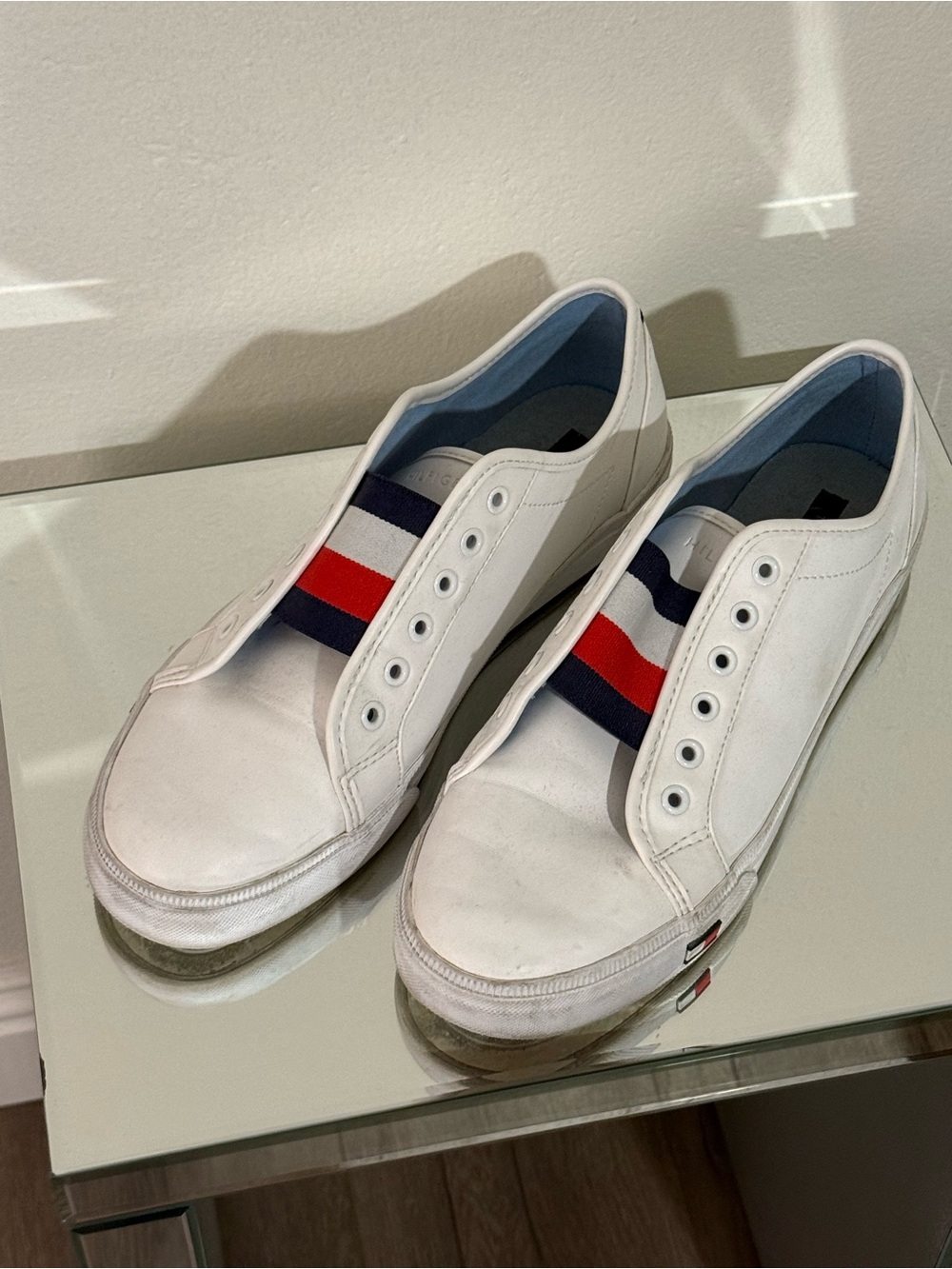 Tommy Hilfiger White Slip-On Canvas Loafers with Red & Navy Stripe